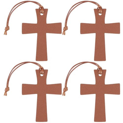 4PCS PU Leather Bible Cross Bookmarks Set for Reading Brown Personalized Blank Book Marks Soft Thin Leather Page Markers with Tassel for DIY Craft Book Mark Bookwormss Readers Christmas