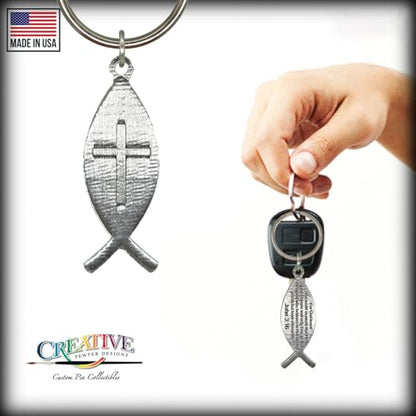 Jesus Fish, John 3:16 Keychain, Ichthus, A1026KC, 2 3/4”, Pewter, 100% Handmade in the USA, Christian, Catholic, Metal, Ichthus Keychain, Key Chain, Key Ring, Key Fob, Gift, 100 Keychain designs