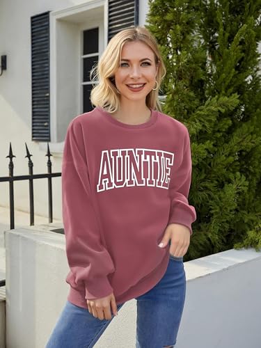 Womens Auntie Sweatshirt Auntie Letter Print Crewneck Long Sleeve Pullover Top Women Embroidered Sweatshirt - color: Pink, size: Small