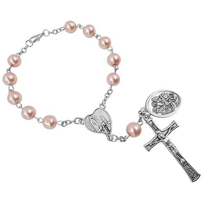 TALISMAN4U St. Michael Guardian Angel Medal Rosary for Car Rearview Mirror - color: Pink Rosary Beads