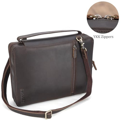Polare Full Grain Cowhide Leather Bible Cover Church Bag Bible Protective Book Holder Carrying Case Folder Organizer Portfolio (Dark Brown with Shoulder Strap) - style: Dark Brown with Shoulder Strap