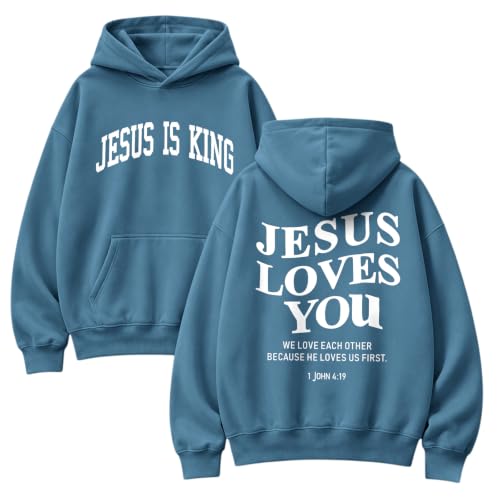 Wrenpies Christian Jesus Love You Hoodie for Men Jesus Is King Faith Religious Bible Verse Hoodies Graphic Fleece Sweatshirt - color: Deep Blue, size: Small