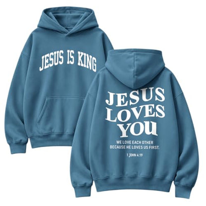 Wrenpies Christian Jesus Love You Hoodie for Men Jesus Is King Faith Religious Bible Verse Hoodies Graphic Fleece Sweatshirt - color: Deep Blue, size: Small
