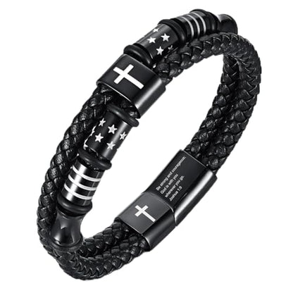 Mens Cross Bead Braided Genuine Leather Bracelet, Black Gemstone Agate Onyx Beaded Rosary Obsidian Bangle, Faith Religious Easter Catholic Christian Communion Baptism Christmas Jewelry Gift for Men - color: Black3 Size 7.5″ Joshua 1:9