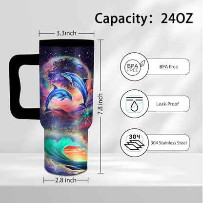 24oz Dolphin Tumbler with Handle and Straw, Gifts for Women, Insulated - color: Dolphin