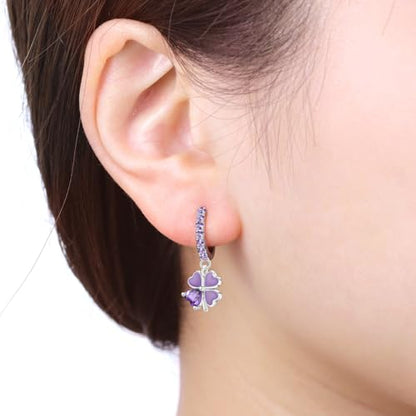925 Sterling Silver Drop & Dangle Earrings for Women,Butterfly Dragonfly and Bee|Flower and leaf Earrings, Suitable for Sensitive Ears Fashion Jewelry Gift- Hypoallergenic Earrings - color: Purple Clover