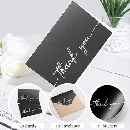 Bulk Pack of 20 Thank You Cards with Envelopes - Black Thank You Cards - color: Black & White Thank You