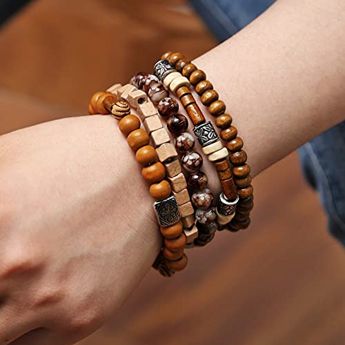 HZMAN Handmade Hemp Cords Wood Beads Leather Bracelets for Men Women - style: Elephant