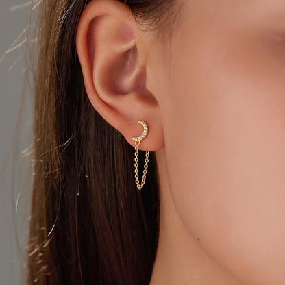 925 Sterling Silver CZ Moon Cross Heart Teardrop Chain Earrings for Women - color: Moon--Gold