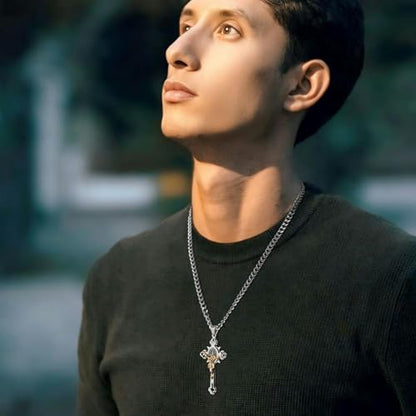 HZMAN Stainless Steel St. Benedict Crucifix Cross Necklace for Men - color: Large Silver & Gold
