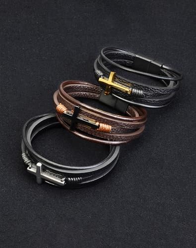 YL Cross Masonic Leather Mens Bracelet, 18K Gold/Black Rhodium Plated Christian Religious 316L Stainless Steel Brown Cuff Handcrafted Jewelry Gifts - color: Cross A-Black, size: 8.3"(210mm)