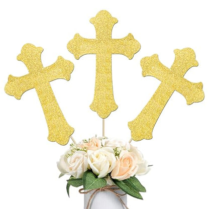 12Pcs Gold Glitter Cross Centerpiece Sticks LUCKYQUBE Double Sided Cross God Bless Centerpieces for Table First Communion Baptism Decorations for God Bless Theme Party Supplies