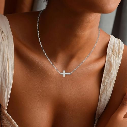 18K Gold Plated Cross Necklace for Women Trendy - color: Sideway Cross(Silver)