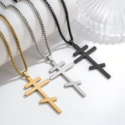 Orthodox stainless steel cross necklace for men and women, simple and retro silver glossy titanium steel cross pendant - color: Silver