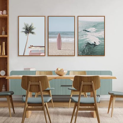 CHDITB Coastal Beach Framed Wall Art, Palm Tree Surfboard Seascape Painting - color: Beach, size: 16"L x 24"W
