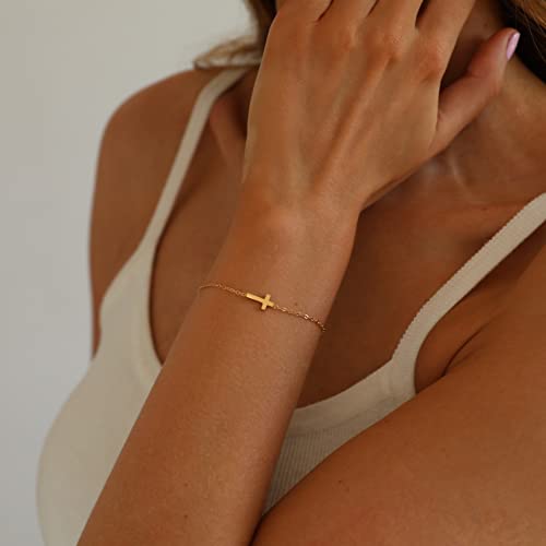 18K Gold Plated Pearl Beaded Cross Bracelets for Women Adjustable - color: Tiny Cross-Gold