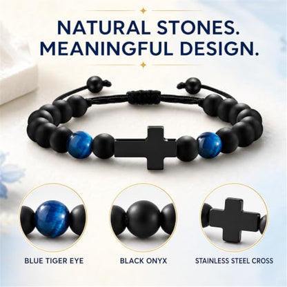 Boys Cross Bracelet, Adjustable Tiger Eye Bead Bracelet - color: B-To My Son
