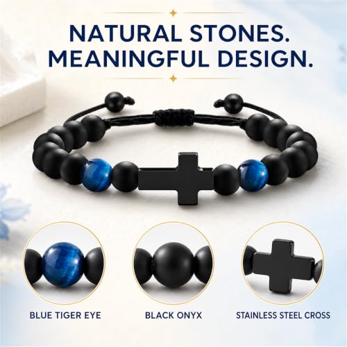 Boys Cross Bracelet, Adjustable Tiger Eye Bead Bracelet - color: B-Birthday