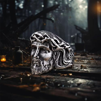 Vintage Silver Jesus Head Signet Stainless Steel Ring For Women Men Religious Amulet Baptism Band Antique Thumb Knuckle Ring Hip Hop Biker Baptism Christian Catholic Costume Jewelry Gifts Accessories