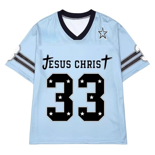 CHAIRAY Jesus Jersey Christian Football Jersey 33 Y2k Baggy Shirts Oversized V Neck Tee Tops for Women Men - color: 01 Blue, size: Small