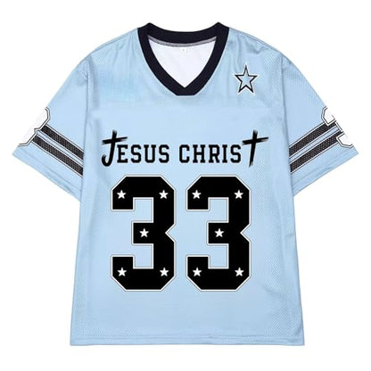 CHAIRAY Jesus Jersey Christian Football Jersey 33 Y2k Baggy Shirts Oversized V Neck Tee Tops for Women Men - color: 01 Blue, size: Medium