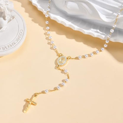 Women's Gold Virgin Mary Necklace, 14k Gold Plated Rosary Bead Cross Chain - style: Pearl-Style 5