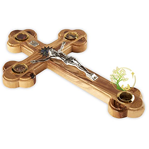 Wall Cross Flowers, Incense, Olive Leaf and Stones/Wooden Cross with Mother of Pearl Bethlehem Star from the Holy Land Made from Olive Wood - Crucfix for Communion, Baptism or Christening Gifts Medium