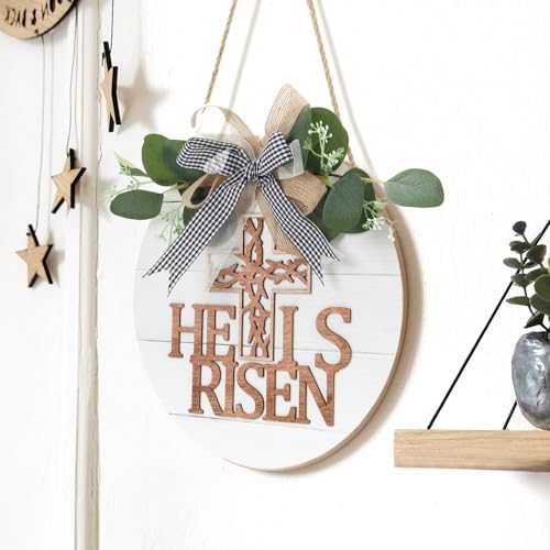 TOARTi He is Risen Easter Front Door Sign Wreath (11.4"x11.4"), Rustic Christian Cross Wall Sign Hanging Plaque, Farmhouse Religious Home Wooden Door Decoration for Housewarming Easter Gift