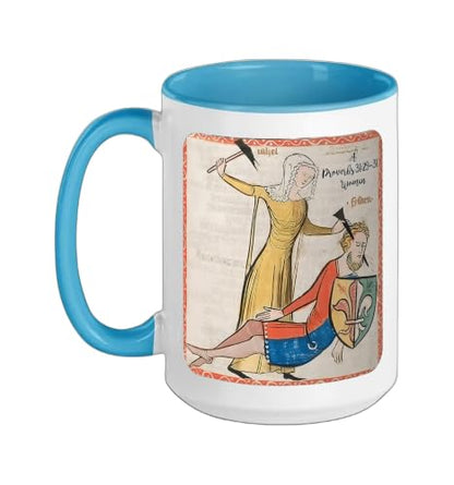 Proverbs 31 29 31 Woman Medieval Christian Art Design Ceramic Mug, Blue/White, 15oz - color: Blue/White, size: 15 Ounces