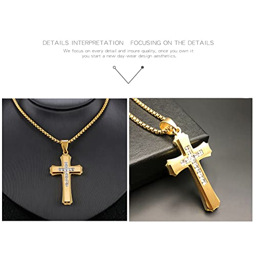 OLEVS Men's Cross Pendant Necklace Large Stainless Steel Cross Pendant Necklace for Men Women - color: gold crystal