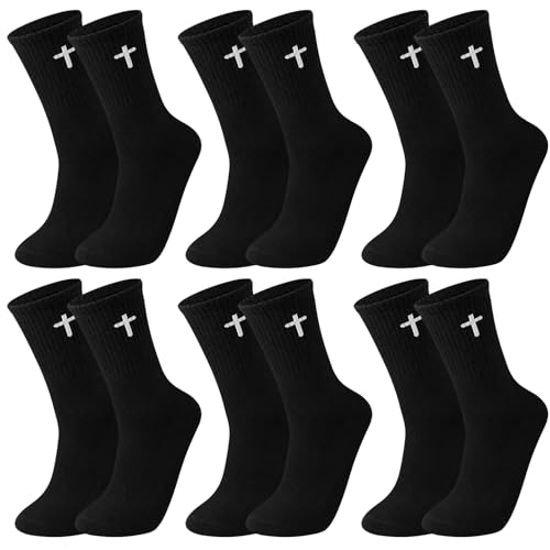 6 Pairs Cross Socks for Men US 7-9 Christian Pastor Crew Socks - color: Black
