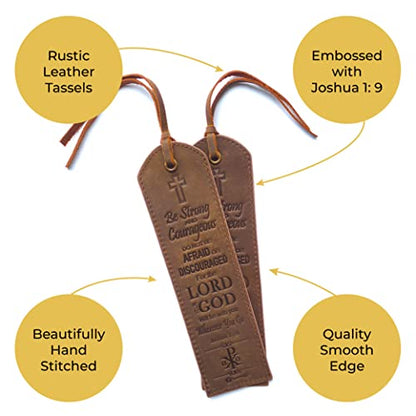 Leather Bible Bookmarks - 2 Leather Christian Bookmarks with Inspirational Bible Verse | Joshua 1: 9 Be Strong & Courageous | Perfect Religious Book Marker Gifts for Men, Women, Readers and Friends - style: Joshua 1:9
