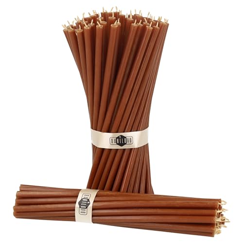 Danilovo Thin Taper Beeswax Candles - Honey-Scented, Decorative Candles Ideal for Birthday Decoration or Church Prayers - Brown Drip Free, Tall & Smokeless Pack of 50 pcs, 7.3 x 0.24 inch - color: Brown