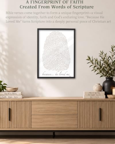 iHery 16x20in Because He Loved Me Fingerprint Bible Verse Framed Wall Art - color: Beige Frame Black Art, size: 20"L x 16"W
