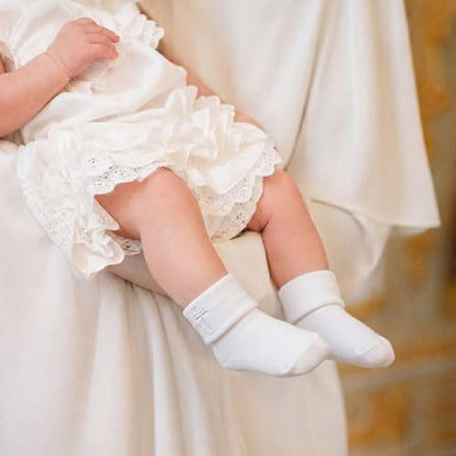 Baptism Socks for Baby Girls - White Newborn Christening Socks With Cross & Eyelet Frilly Lace - color: Gold