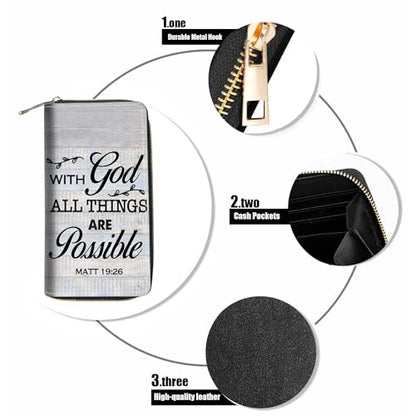 Quote Bible Verse Matthew 19:26 Print Wallet for Women Large Capacity Wallet Credit Card Holder PU Leather Zipper Clutch Purse Phone Wallet - color: Quote Bible Verse Matthew 19:26