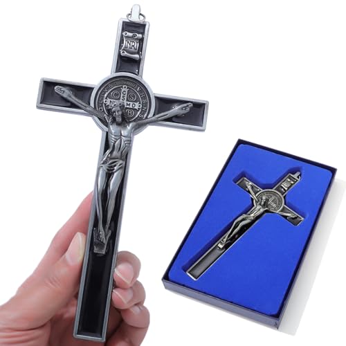 KOMI 7.5" Metal Crucifix Wall Cross with Black Enamel Catholic Jesus Cross - color: Black-Silver