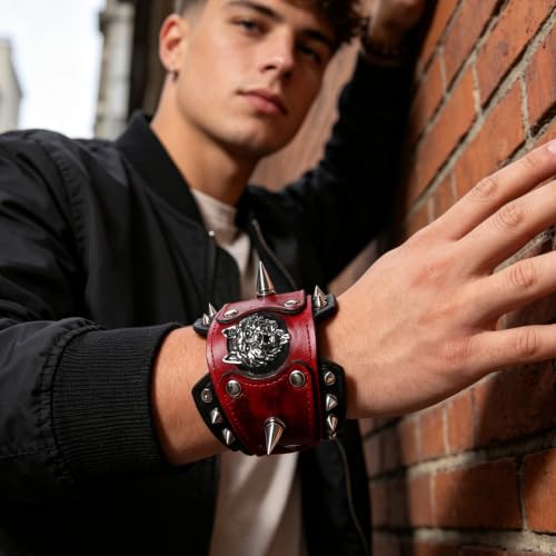 HZMAN Leather Bracelets Retro Men's Leather Cuff Bracelet Adjustable Wide Wristband Bracelet Jewelry Gift - color: Red-Wolf