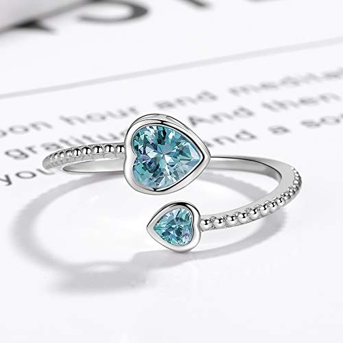 Step Forward 925 Sterling Silver Birthstone Rings for Women - Adjustable Open Heart Ring Constellation Month Band for Her Birthday Gifts Jewelry - color: March