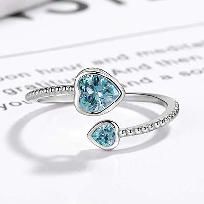 Step Forward 925 Sterling Silver Birthstone Rings for Women - Adjustable Open Heart Ring Constellation Month Band for Her Birthday Gifts Jewelry - color: March