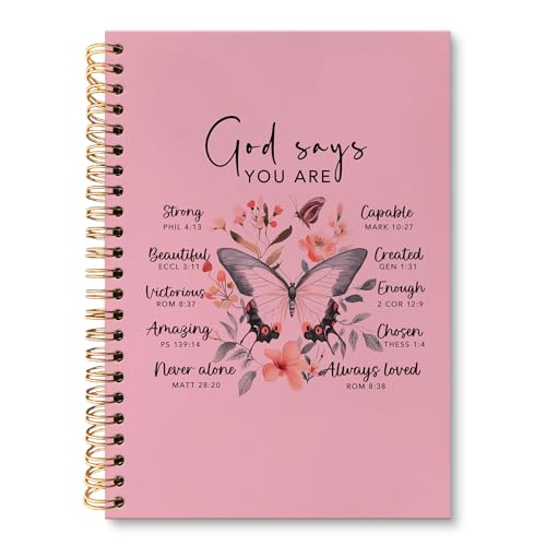 huester Inspirational Christian Butterfly Notebook Journal, God Says You Are Bible Scripture Pink Journal Notebooks for Note Taking, Bible Journaling Hardcover Paper Spiral Notebook, 5.5x8.3 Inch - color: pink