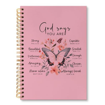 huester Inspirational Christian Butterfly Notebook Journal, God Says You Are Bible Scripture Pink Journal Notebooks for Note Taking, Bible Journaling Hardcover Paper Spiral Notebook, 5.5x8.3 Inch - color: pink