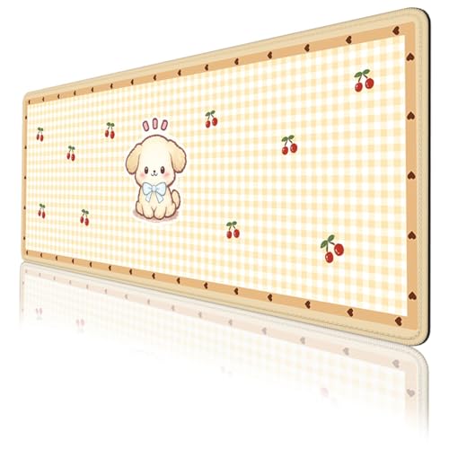 Cute Puppy Mouse Pad Cartoon Cherry Gingham Mousepad Extended Large Laptop Keyboard Non-Slip Rubber Base with Stitched Edges for Home 31.5x11.8 Inch - color: Cute Puppy, size: 31.5" x 11.8"