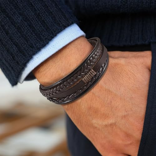 Leather Bracelet for Men Braided Stainless Steel Mens Bracelets - color: Brown-BlackBuckle