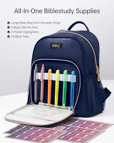 Premium Bible Backpack Set for Women - Stylish Checkered PU Leather Bible Bag with 72 Bible Tabs, 4 Highlighters & 2 Pens - Ideal for Church, Study & Travel - color: Blue