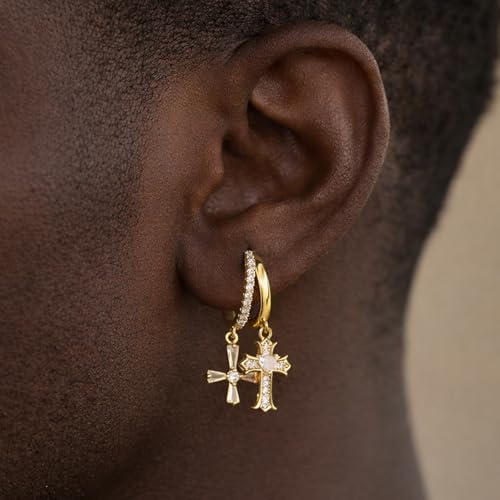 Double Huggie Hoop Earrings with Charms Cross Dangle Earrings Gold/Silver Double Cross Drop Hoop Earrings for Women Men Trendy - style: Style A-Gold