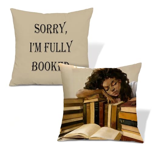 Vintage Black Girl Reading Throw Pillow Covers 18x18, Book Lover Gifts, African American Women Bookish Decorative Pillow Covers for Reading Nook Corner Home Bedroom, Set of 2 - color: Colour -K