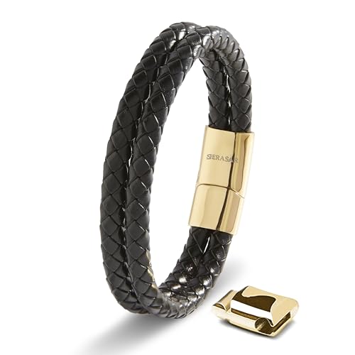 SERASAR Men's Leather Bracelet with Stainless Steel Magnetic Clasp - color: Gold, size: 17cm, style: Double