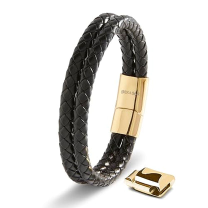 SERASAR Men's Leather Bracelet with Stainless Steel Magnetic Clasp - color: Gold, size: 20cm, style: Double