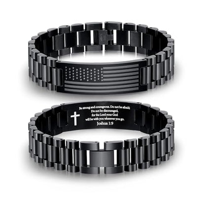 P. BLAKE American Flag Bible Verse Bracelet for Men, Stainless Steel Engraved Scripture Bracelet Christian Religious Christmas Birthday Jewelry Gifts - color: Black, size: Joshua 1:9